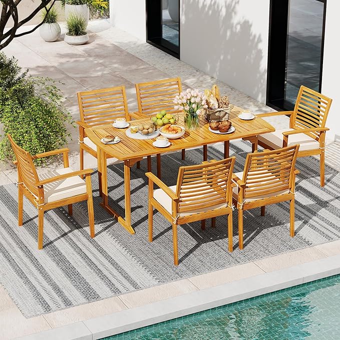 Tangkula 7 Piece Patio Acacia Wood Dining Set for 6, Patio Rectangle Table with Umbrella Hole & 6 Cushioned Armchairs, for Backyard Garden Poolside Deck, Natural
