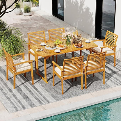 Tangkula 7 Piece Patio Acacia Wood Dining Set for 6, Patio Rectangle Table with Umbrella Hole & 6 Cushioned Armchairs, for Backyard Garden Poolside Deck, Natural