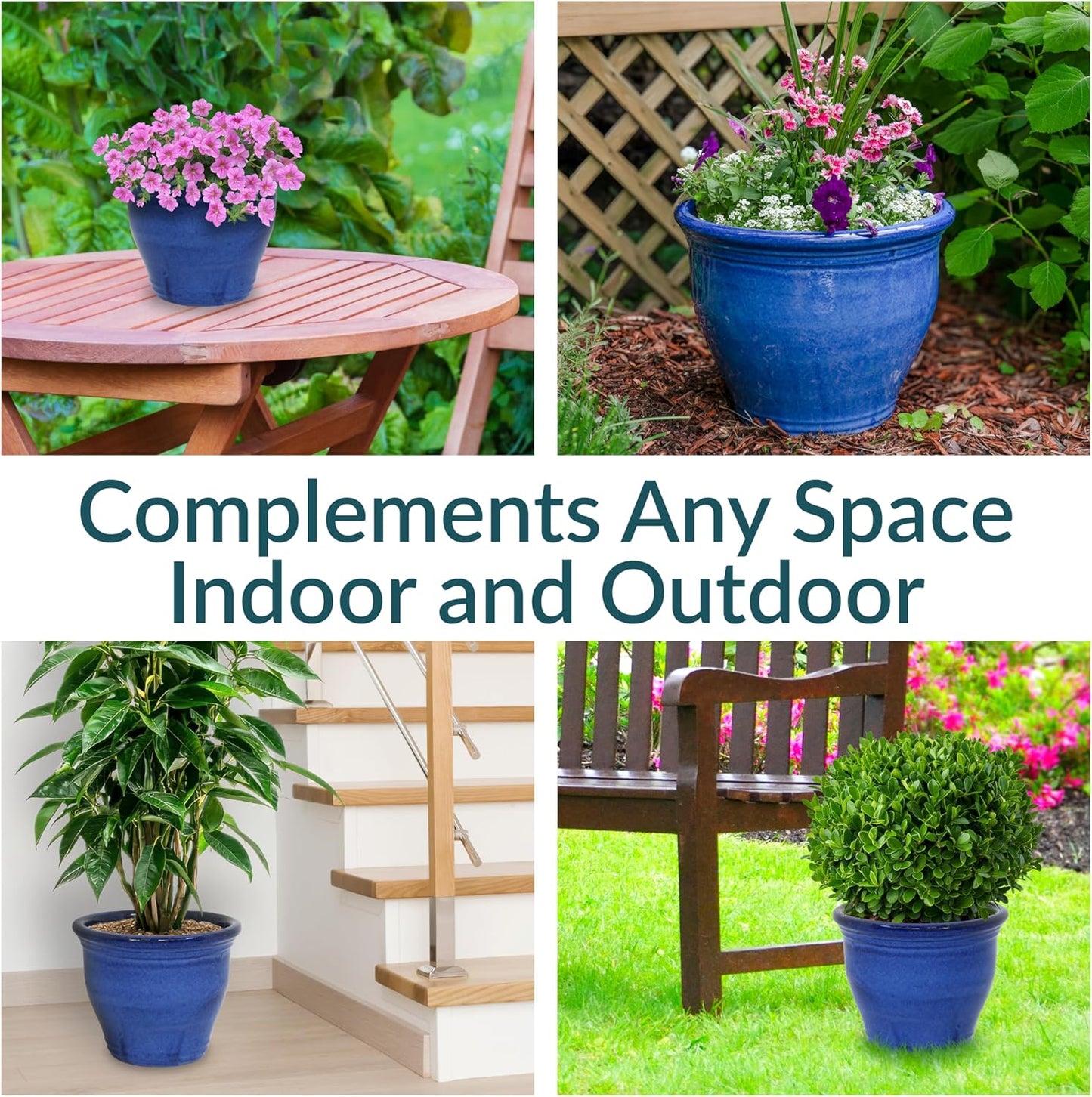 Sunnydaze Studio Large Ceramic Plant Pot - Round Outdoor Glazed Ceramic Planter Pot with Drainage - Imperial Blue - 14.5"