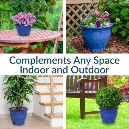 Sunnydaze Studio Large Ceramic Plant Pot - Round Outdoor Glazed Ceramic Planter Pot with Drainage - Imperial Blue - 14.5"