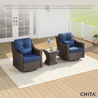 CHITA 3 Pieces Wicker Patio Bistro Set, Outdoor Furniture Set with 2 Pieces Rattan Rocking Swivel Chairs, Thickened Cushions and Side Table