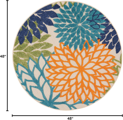 Nourison Home Aloha Indoor/Outdoor Multicolor 4' x Round Area Rug, Tropical, Botanical, Easy Cleaning, Non Shedding, Bed Room, Living Room, Dining Room, Deck, Backyard, Patio (4 Round)