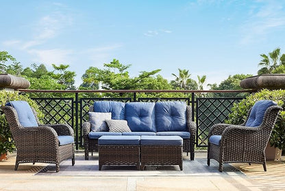 Rilyson Outdoor Furniture Set, 5-Piece Patio Rattan Wicker Sectional Sofa Set with 3-Seat Couch, 2 Armchairs, 2 Ottoman Footrests for Patio Conversation (5 PC,Brown/Blue)