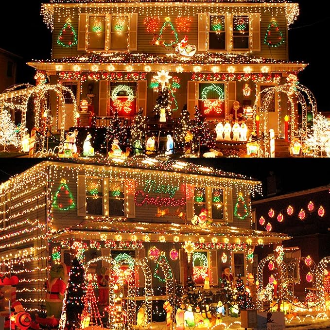 Techip 300 LED Halloween Christmas Lights Outdoor, Warm White Christmas Tree Lights Outside Waterproof Twinkle Lights Green Wire Connectable Plug in String Lights Indoor 108FT 8 Modes for House Decor