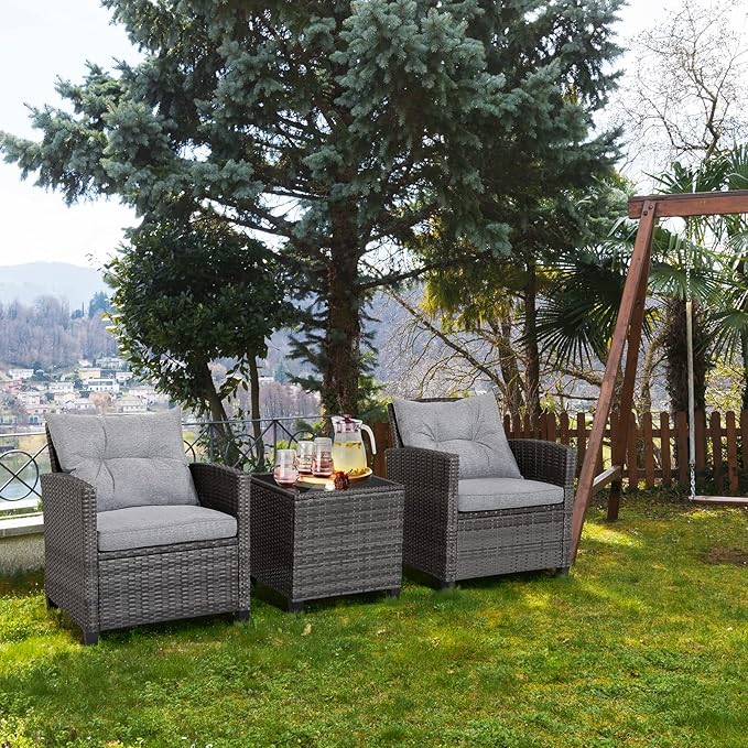 RELAX4LIFE Wicker Patio Furniture Sets - 3 Pieces Rattan Sofa Set, Outdoor Conversation Set with Tempered Glass Tabletop, Heavy-Duty Steel Frame, Wicker Chair Set for Poolside, Backyard, Grey