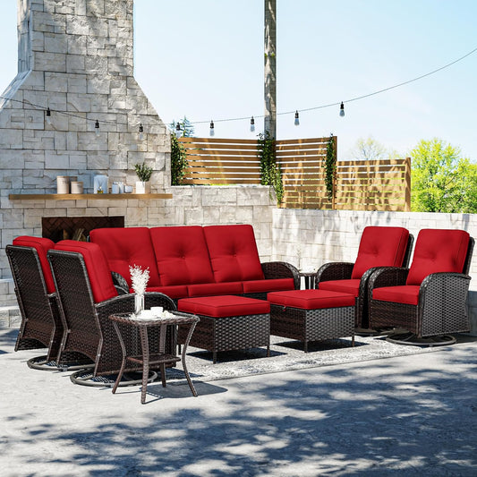 Joyside 9 Piece Patio Furniture Set, Outdoor Wicker Conversation Sets with Swivel Rocker Chairs and Sofa, Thick Cushion, Rattan Patio Sectional for Porch, Deck Use (Brown/Red, 9 PCS)