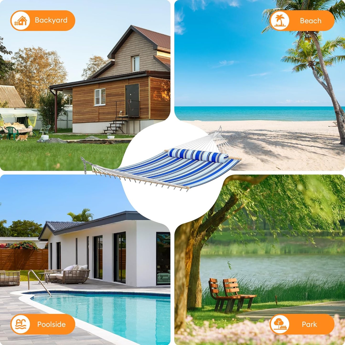 Double Hammock with Spreader Bar,Soft Pillow,Max Load 500lbs,Portable Hammock for Outdoor,Camping,and Backyard,Aqua Blue