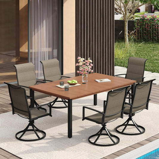 VICLLAX 63" Rectangle Patio Table with Umbrella Hole, All Weather Metal Outdoor Dining Table for 6, Walnut Wood-Like Tabletop