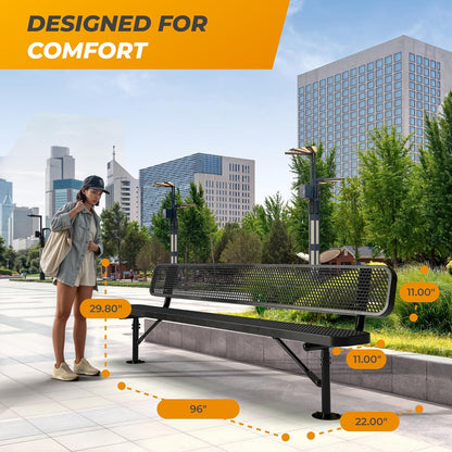 Heavy-Duty Outdoor Metal Bench, Thermoplastic-Coated, Surface, Weatherproof, Commercial-Grade for Parks, Gardens, Patios, Stores & More (8 Ft - Surface with Back, Black)