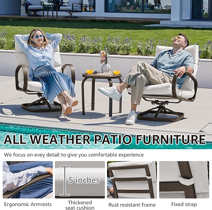 NATURAL EXPRESSIONS Patio Bistro Set, 3 Piece Outdoor Swivel Glider Rocking Chairs, Conversation Furniture with 2 Highback Rockers, 1 Table and 5" Cushion for Backyard,Porch,Yard,350lb. (Beige)