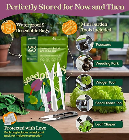 23 Lettuce & Salad Greens Seeds Variety Pack - 25,000+ Non-GMO Heirloom Greens Seeds for Planting Lettuce Indoor & Outdoor: Arugula, Mizuna, Kale, Spinach, Swiss Chard, Mache & More Lettuce Seeds