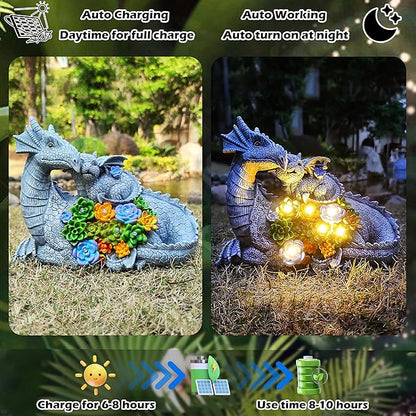 Solar Dragon Statue with LED Lights, Dargon Lover Gifts with Succulent and 6 LED Lights for Outdoor,Solar Dragon Decor for Yard, Garden and Patio, Unique Garden Statue for Mom Grandma