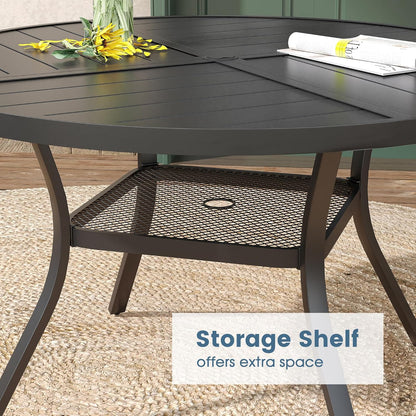 DIFY 47.2" Round Outdoor Patio Dining Table for 6, All-Weather Metal Steel Slatted Patio Table with 1.57" Adjustable Umbrella Hole, for Lawn Garden Porch Backyard, Black