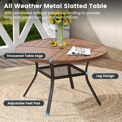 DIFY 40.6" Round Outdoor Patio Dining Table for 4, All-Weather Metal Steel Slatted Patio Table with 1.57" Adjustable Umbrella Hole, for Lawn Garden Porch Backyard, Walnut