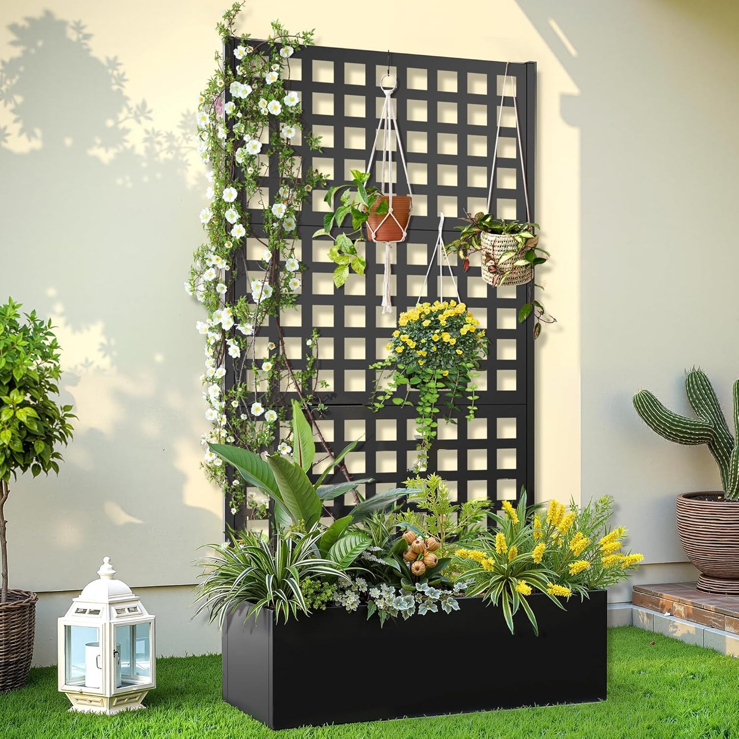 Metal Raised Garden Bed, Trellis Planters Bed with Drainage Holes for Climbing Plants, Vegetables Outdoor Privacy Screen with Planter Box 73"x35"x16", Black
