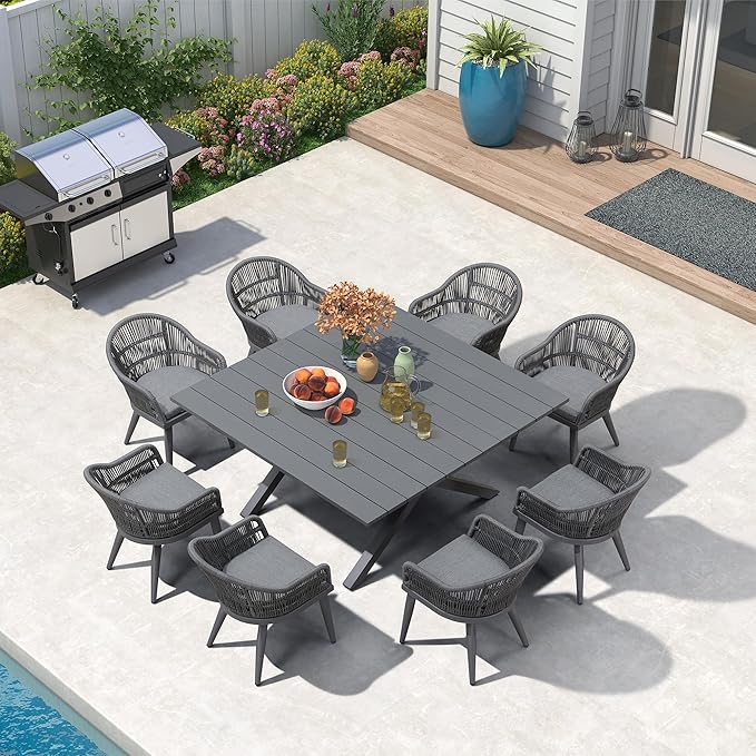 PURPLE LEAF 9 Pieces Patio Dining Set with Outdoor Aluminium Square Dining Table and Woven Rattan Chairs Modern Metal Furniture Cushions Sets for Garden Yard Indoor Decor Kitchen Grey