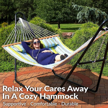 Sunnydaze Double Quilted Fabric Hammock with Universal Steel Stand - 450-Pound Capacity - Black Stand - Blue and Green