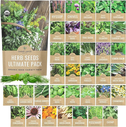 Organic Herb Seeds Variety Pack - 35 Individual Packs - 2025 Season - Basil, Cilantro, Dill, Thyme, Parsley and More! for Indoor & Outdoor Planting (Non-GMO, Certified Organic)