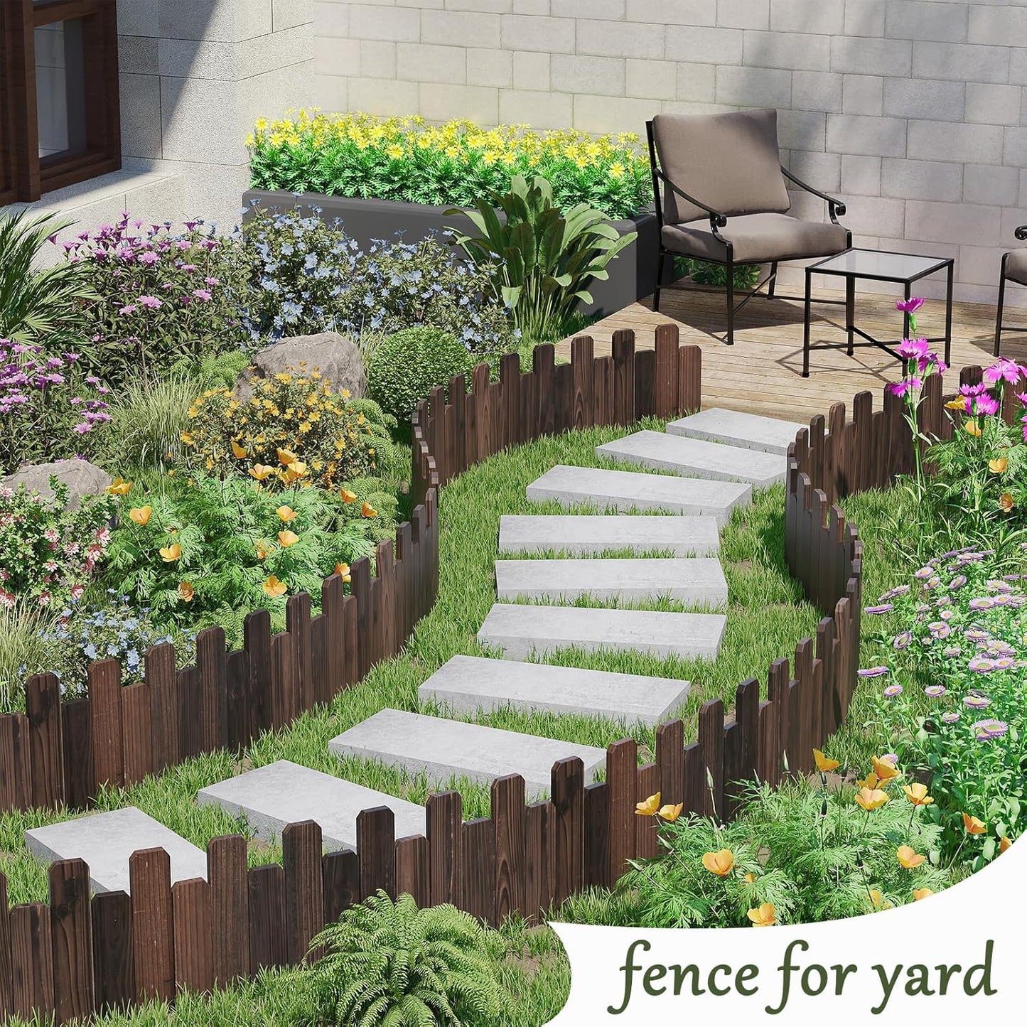 Wood Garden Edging Border Wooden Garden Fence No Dig Landscape Edging Lawn Fence Border Decorative Flower Bed Border Courtyards Planting Tree Fence Yard Patio Path Edging - 9" H x 47.3" L (1PACK)