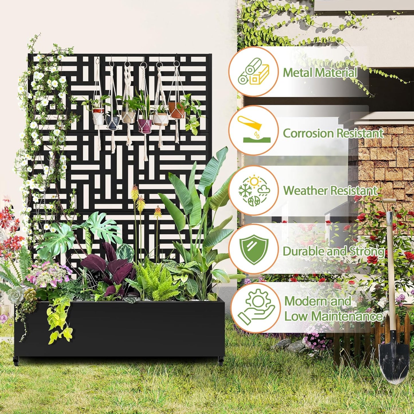 Raised Garden Bed with Trellis and Wheels,73"x47"x16" Metal Raised Garden Bed,Black Modern Metal Planter with Climbing Trellis for Vines & Vegetables