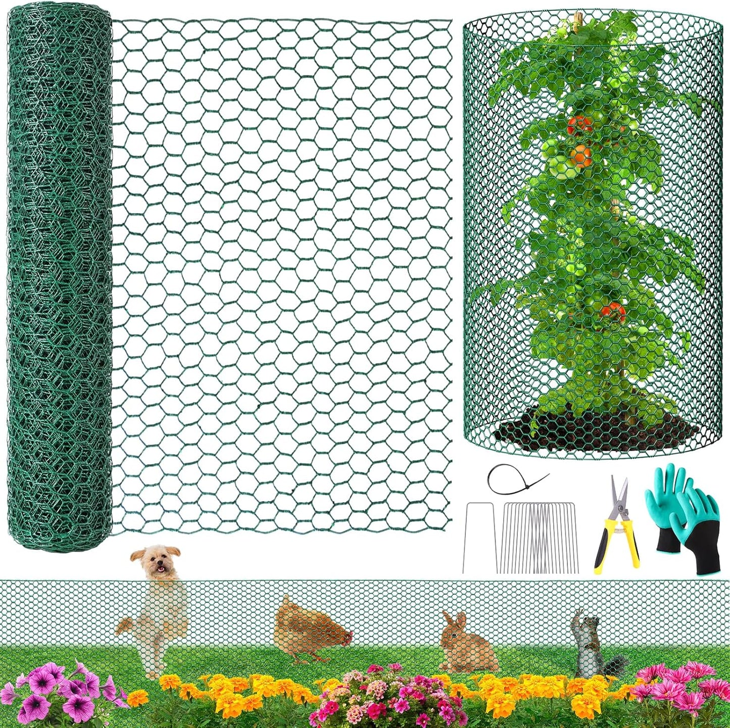32.8ftx24In Plant Protectors from Animals,Plant Cages for Outdoor Plants,Wire Plant Protector Cage,Wire Plant Protector,Chicken Wire Cloche with Ground Stakes & Nylon Ties Protect Plants from Animals
