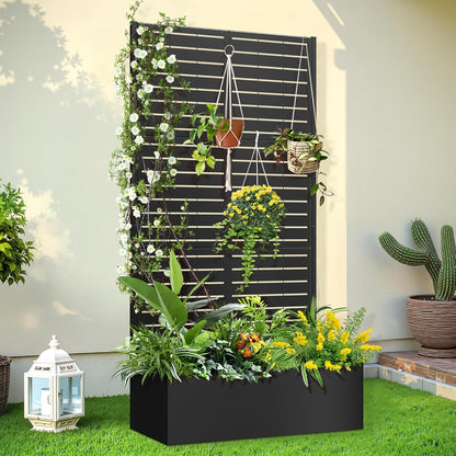 Trellis for Climbing Plants Outdoor，Mental Garden Bed with Drainage Holes Outdoor Privacy Screen Design Tall planters for herb Flower Vegetables 73"x35"x16", Black-Louvered