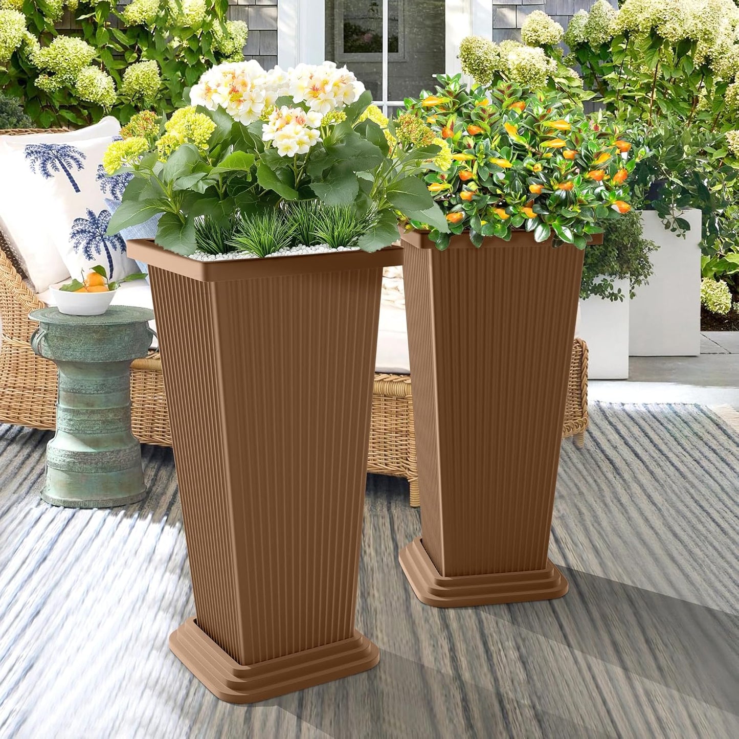 Set of 2 Tall Planters, 24" Large Indoor Outdoor Flower Pots with Tray, Modern Tapered Planters for Porch, Patio, Garden, Backyard