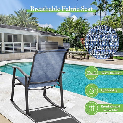 Shintenchi Rocking Chair Outdoor with Table, 3 Piece Rocking Patio Bistro Set, Outdoor Furniture Set with Metal Frame and Textilene Fabric for Small Space, Dark Blue