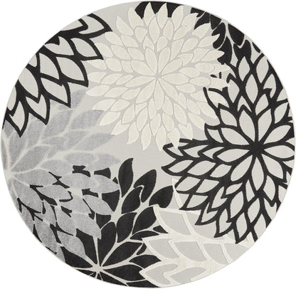 Nourison Aloha Indoor/Outdoor Black White 7'10" x Round Area Rug, Tropical, Botanical, Easy Cleaning, Non Shedding, Bed Room, Living Room, Dining Room, Deck, Backyard, Patio (8 Round)
