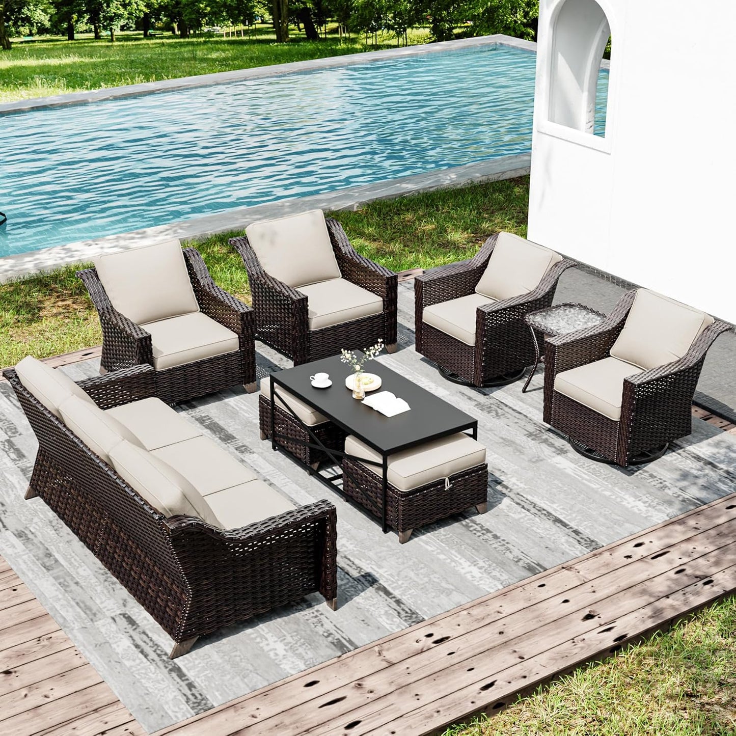 Joyside Wicker Patio Furniture Sets, 9 Pieces Upgraded Large Size Outdoor Furniture with Swivel Rocking Patio Chairs, Patio Dining Chair, 3-Seat Sofa, Outdoor Ottoman, Coffee Table, Thick Cushions
