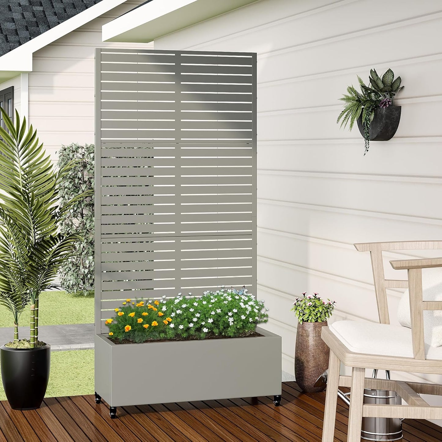 Casaphoria Metal Raised Garden Bed with Trellis and Wheels, 72"x35"x16" Planter Box for Climbing Plants, Vegetables & Vines, Features Drainage Holes and Privacy Screen (Grey-Louvered)