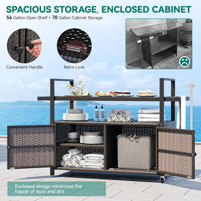 YITAHOME Large Outdoor Kitchen Wicker Island Rolling Cart, Patio Bar Table with Thickened Frame, Patio Storage Cabinet w/Wheels and Black Glass Table Top Backyard and Poolside Dark Brown