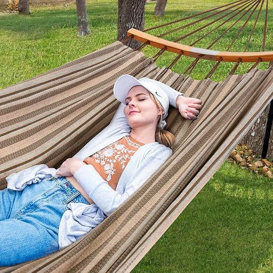 SUNCREAT Hammocks Double Hammock with Curved Spreader Bar, Outdoor Camping Portable Hammock with Carrying Bag & Tree Straps for Patio, Backyard, Balcony, Max 450lbs Capacity, Brown