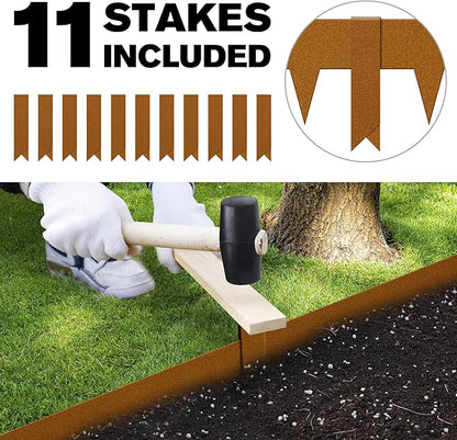 KOL Weather Resistant Steel Flexible Garden Lawn Edging, 10-Pack Pre-Rusted Metal Landscape Edging Strips - Heavy Duty Hammer-in Border with 11 Clips - 16-Gauge - 40" L x 4.5" H (33FT Total Length)