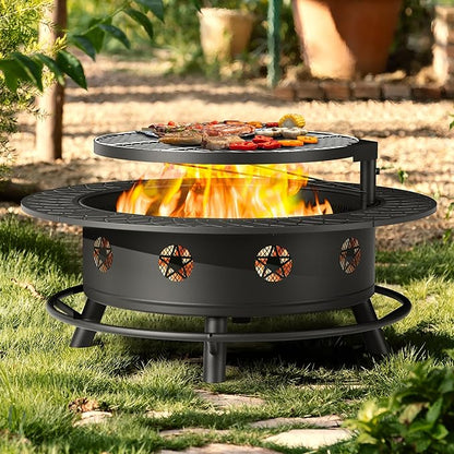 43 Inch Fire Pit with BBQ Grill, Wood Burning Fire Pits for Outside with Lid & Poker, Extra Large Heavy Duty Firepits, BBQ & Outdoor Firepit & Round Metal Table 3 in 1 for Bonfire, Patio, Picnic