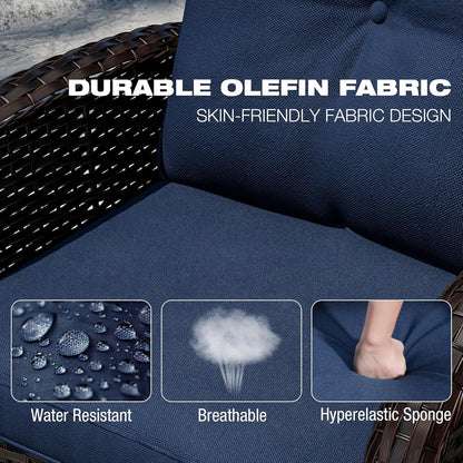 Joyside 5 Piece Patio Furniture Set, Outdoor Swivel Chair Sets with Thick Cushion and Ottoman, Wicker Patio Conversation Set for Porch, Deck Use (Brown/Blue, 5 PCS)