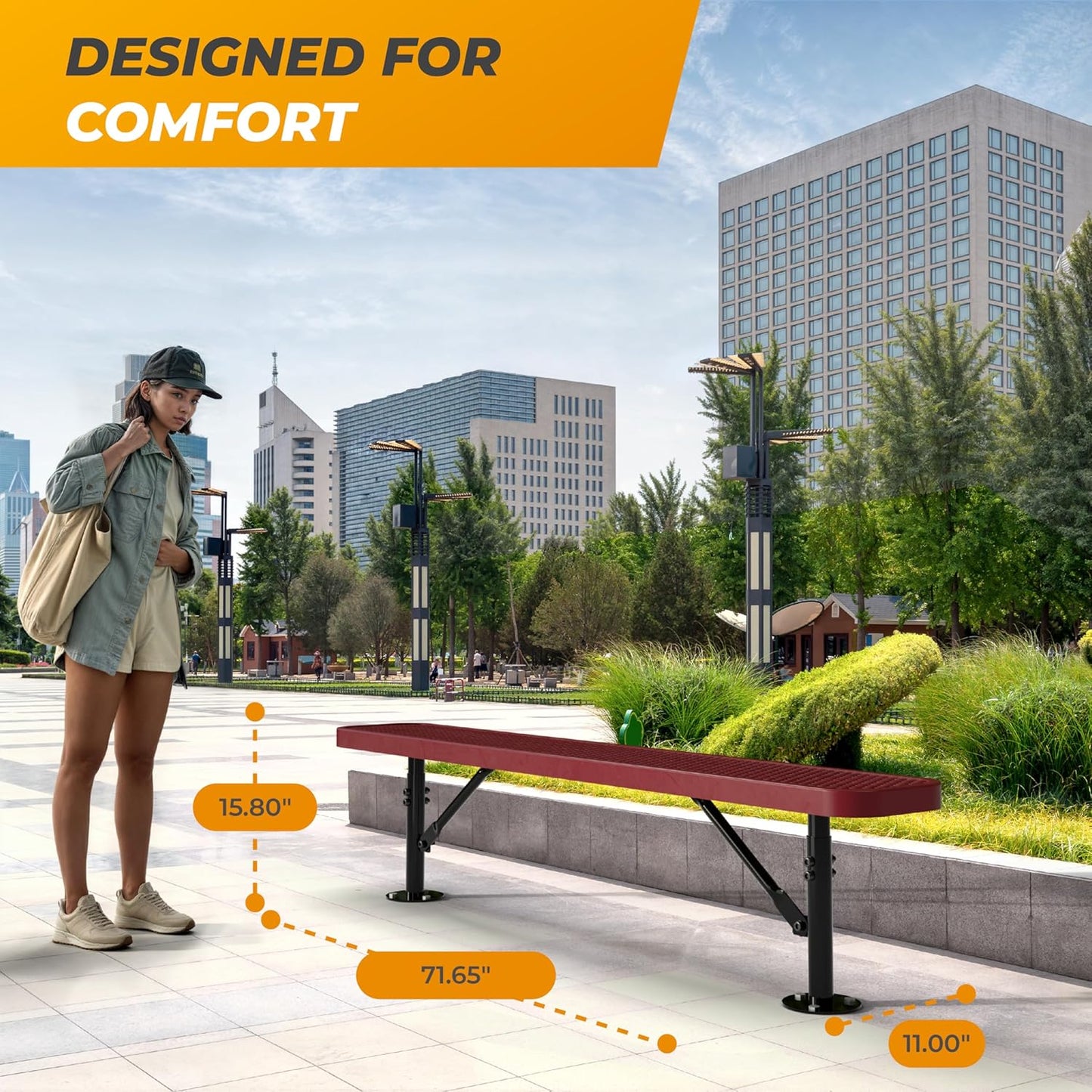 Heavy-Duty Outdoor Metal Bench, Thermoplastic-Coated, Surface, Weatherproof, Commercial-Grade for Parks, Gardens, Patios, Stores & More (6 Ft - Surface, Red)