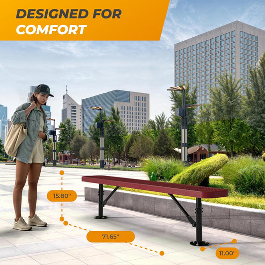 Heavy-Duty Outdoor Metal Bench, Thermoplastic-Coated, Surface, Weatherproof, Commercial-Grade for Parks, Gardens, Patios, Stores & More (6 Ft - Surface, Red)