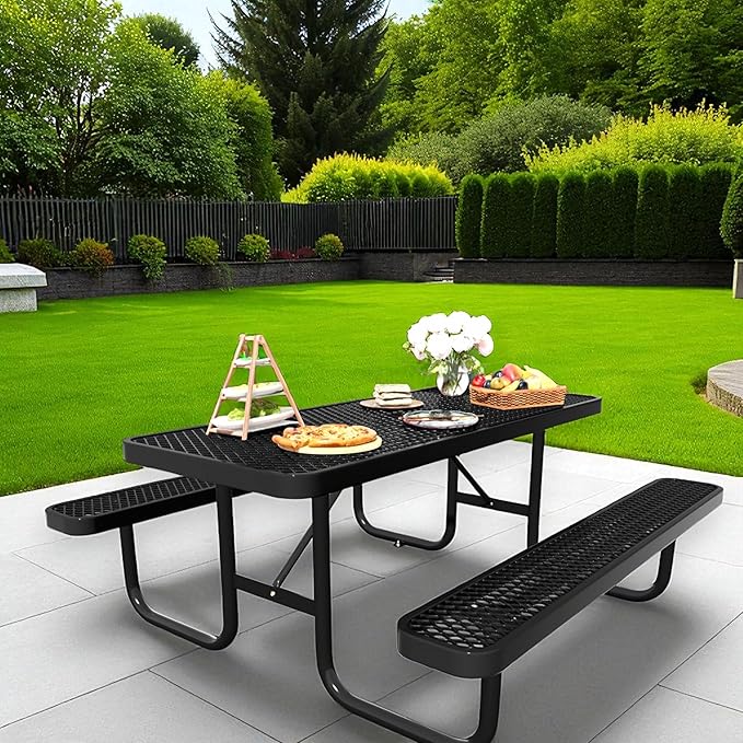 6FT Rectangular Steel Outdoor Picnic Table,Commercial Black Picnic Table Bench Set with Umbrella Hole, Weather-Resistant Heavy Duty School Dining Table for Patio, Garden, Backyard