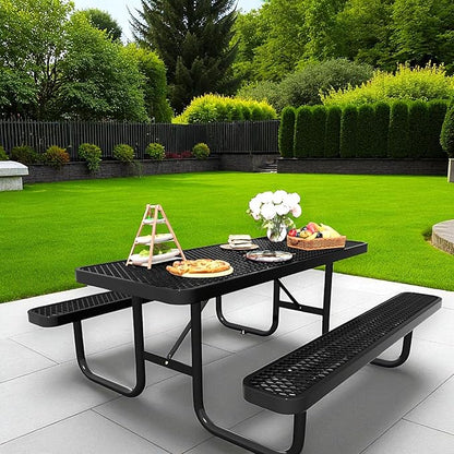 6FT Rectangular Steel Outdoor Picnic Table,Commercial Black Picnic Table Bench Set with Umbrella Hole, Weather-Resistant Heavy Duty School Dining Table for Patio, Garden, Backyard
