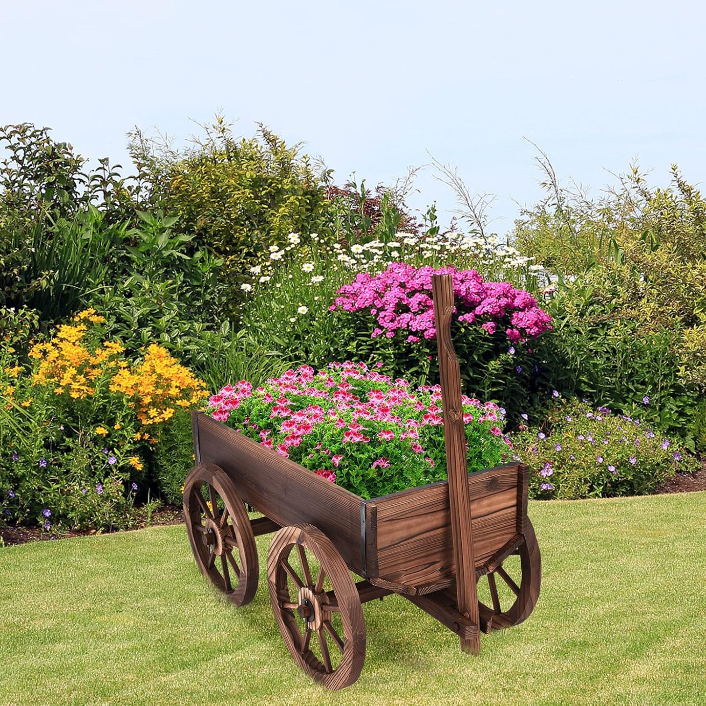 Tangkula Wooden Wagon Planter Box, Decorative Garden Planter w/Wheels, Handle, Drain Hole, Rustic Wooden Flower Cart for Indoor & Outdoor Decor for Patio, Garden, Balcony (29.5" L x 17" W x 21" H)