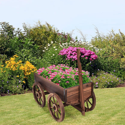 Tangkula Wooden Wagon Planter Box, Decorative Garden Planter w/Wheels, Handle, Drain Hole, Rustic Wooden Flower Cart for Indoor & Outdoor Decor for Patio, Garden, Balcony (29.5" L x 17" W x 21" H)
