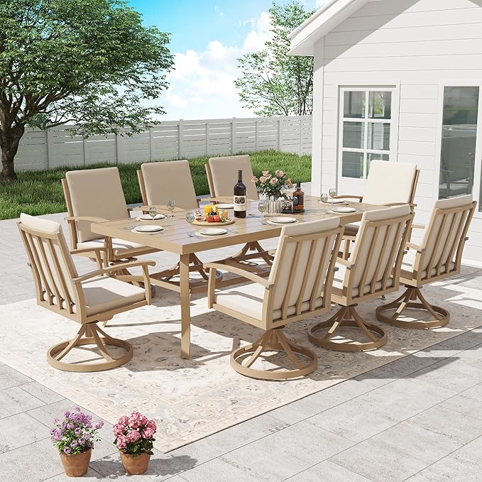HAPPATIO Aluminum 9 Piece Patio Dining Set, Outdoor Swivel Dining Chairs and Dining Table, Aluminum Outdoor Dining Set for 8, Patio Dining Furniture with Washable Cushions (Beige)