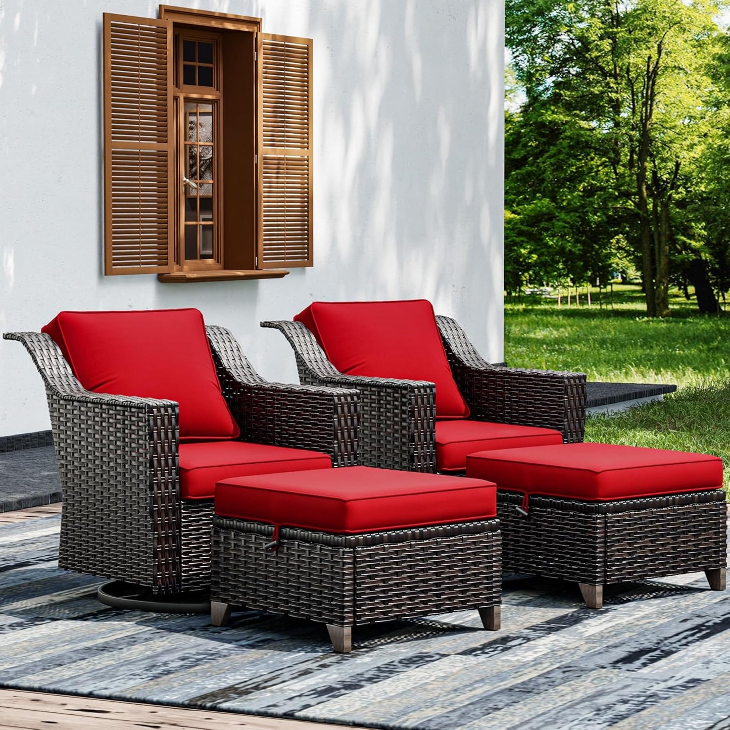 Joyside Wicker Patio Furniture Sets, 4 Pieces Upgraded Large Size Outdoor Furniture with Swivel Rocking Patio Chairs and Outdoor Ottoman, Thick Cushions, Wide Armrest