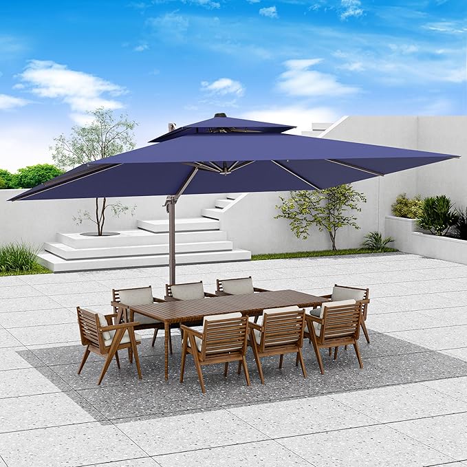 10x13 FT Patio Umbrella, Large Cantilever Rectangular Double Top Heavy Duty Offset Umbrellas with 360° Rotation, Outdoor shade for Garden Deck Pool Patio, Navy