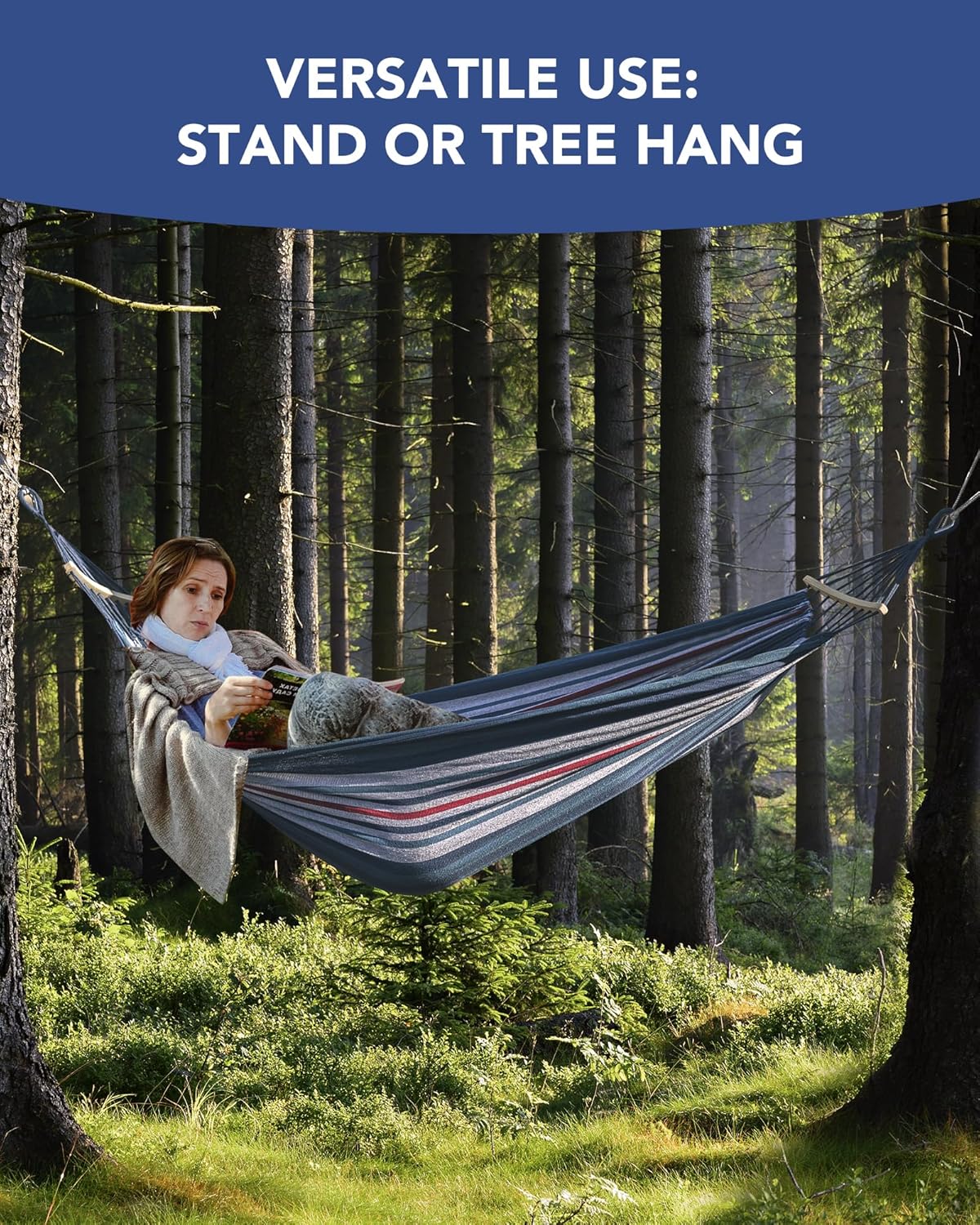 Double Hammock with Heavy-Duty Steel Stand,Portable,Easy Assembly,600lbs Weight Capacity,Suit for Indoor,Yard,Camping,or Outdoor-Fine Blue
