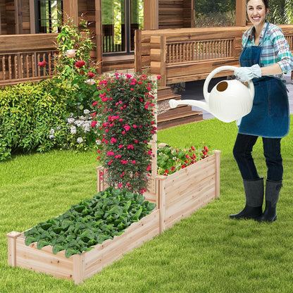 HAPPYGRILL Raised Garden Bed with Trellis, Wood Garden Box w/Open Base Design & 2 Compartments, Outdoor Wooden Planter Box Kit for Vine Climbing, Fruits, Vegetables, Flowers, Herbs, 88" x 25" x 53"