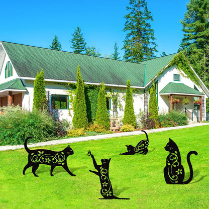 Elcoho 4 Pack Black Cat Silhouette Cute Metal Cat Garden Statues Bird Repellent Decorative Garden Stakes for Yard, Garden, Lawn Outdoor Decorations