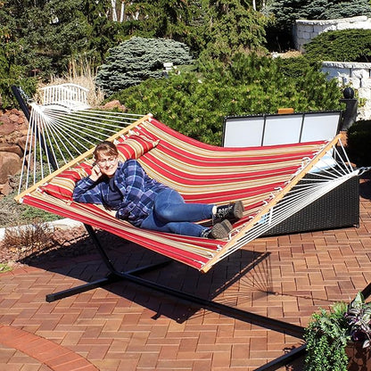 Sunnydaze Quilted Outdoor Hammock with Spreader Bars - Heavy-Duty 450-Pound Capacity Double Hammock for Outside - Red Stripe