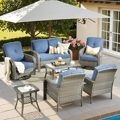 ovios 7 Pieces Patio Furniture Set, Outdoor Wicker Sofa with Swivel Chairs, Coffee Table, All Weather High Back Rattan Loveseat Couch with Comfy Cushions, Denim Blue